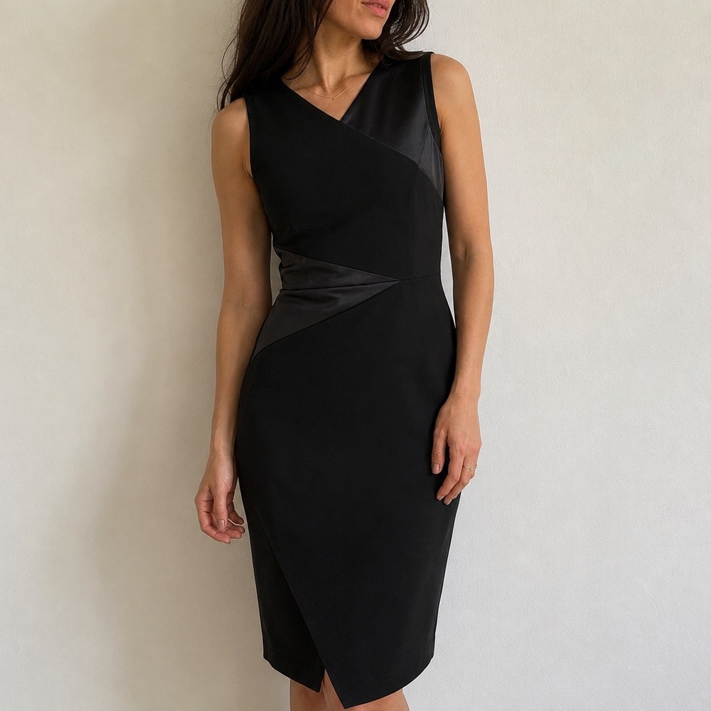 White House Black Market Black Satin Blocked Sheath Dress 6 Minimalist Chic